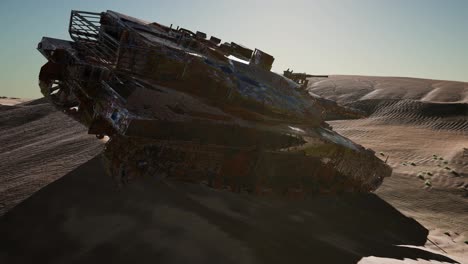 Militairy-tanks-destructed-in-the-desert-at-sunset